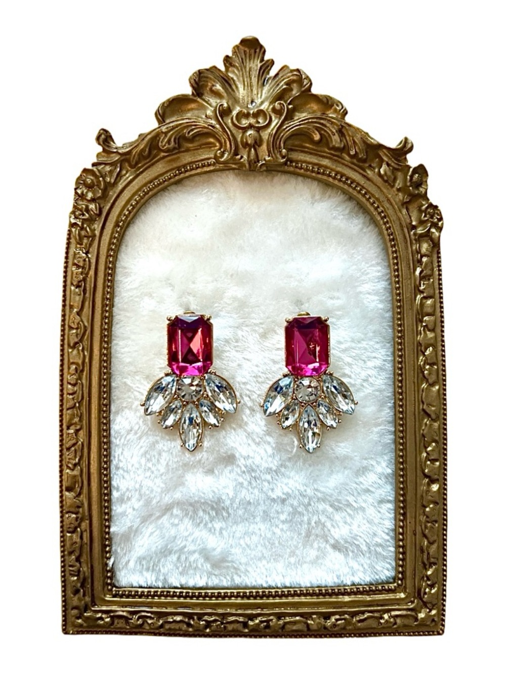 GORGEOUS Statement Pink/Fuchsia Crystal Earrings - Rhinestones/Gold-Tone Metal